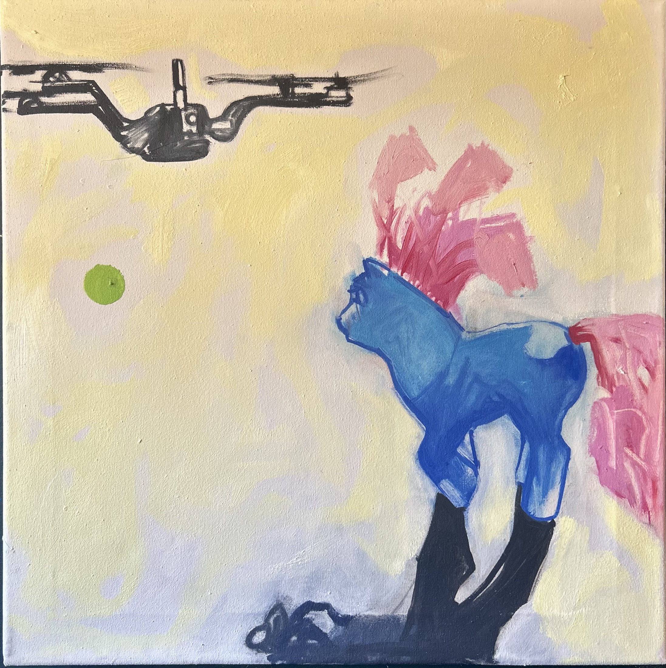 Blue toy horse, pink marks and a helicopter form on a pale yellow field