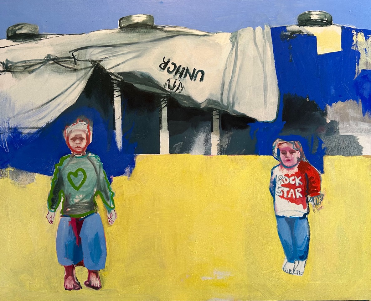 Two children in a yellow landscape beneath a blue and white shelter