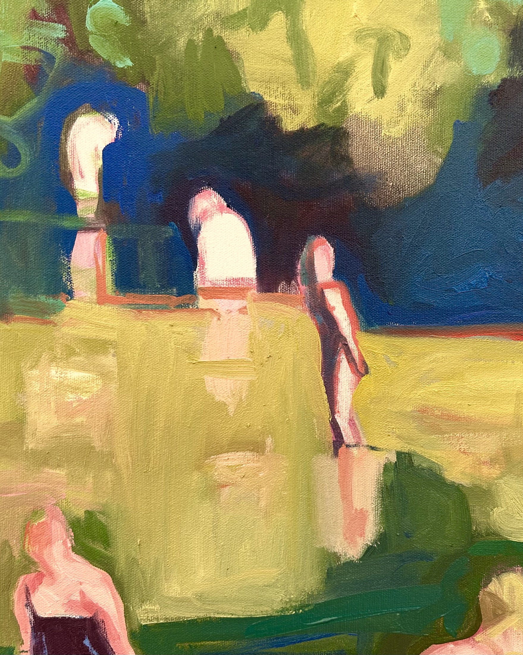 Slender figures in a yellow-green waterside landscape